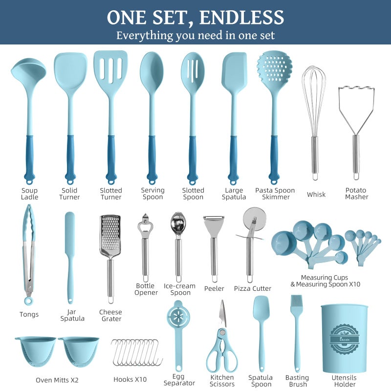 Kikcoin 43Pcs Large Kitchen Utensils Set - Silicone Cooking Utensils Set  Dishwasher Safe Spatula Set for Non-stick Cookware  446F Heat Resistant Kitchen Utensils Set with Holder BPA Free  Blue - Image 2